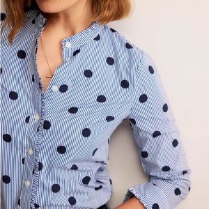 Boden Button Down Blouse 8 Phoebe Blue Stripe and Polka Dots Cotton